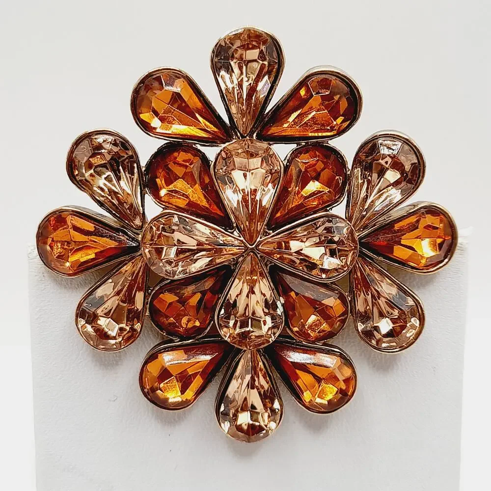 Vintage Amber Rhinestone Flower Brooch Gold Tone 2 Inch Statement Pin